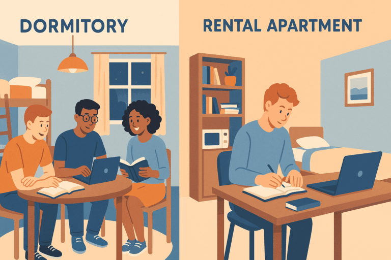 学生寮と賃貸マンションの各々の生活の様子を並べたイラスト。左に学生寮で3人の学生が机を囲んで読書している。右に賃貸で1人の学生が机に向かって勉強している