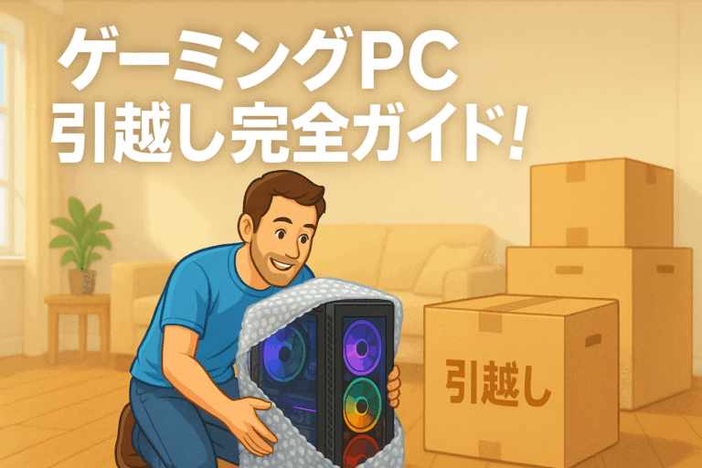 引越しの段ボールを背景に、男性が大きなデスクトップPCを抱えようとしている。ゲーミングPC引越し完全ガイドという表記がある