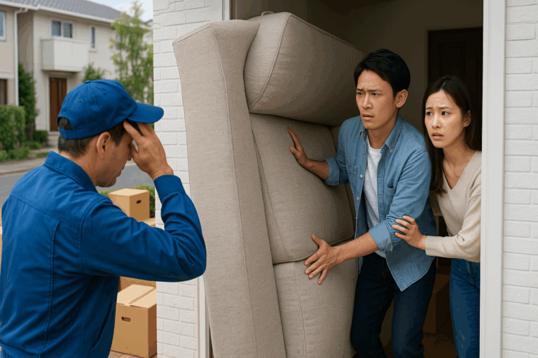 家から大きな家具を運び出そうとしている男女と、その家具の大きさを見て困惑している引越し業者の様子