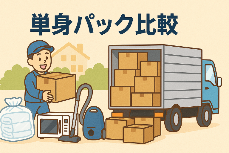 引越し業者がトラックに段ボールを詰めている。電子レンジや掃除機などが、積み込み待ちになっている。単身パック比較という表記がある
