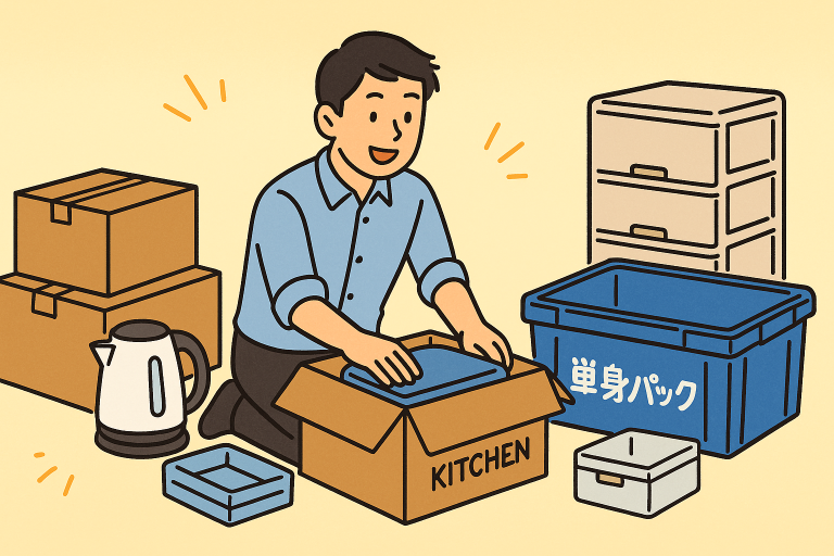 男性が引越しの荷造りをしている様子