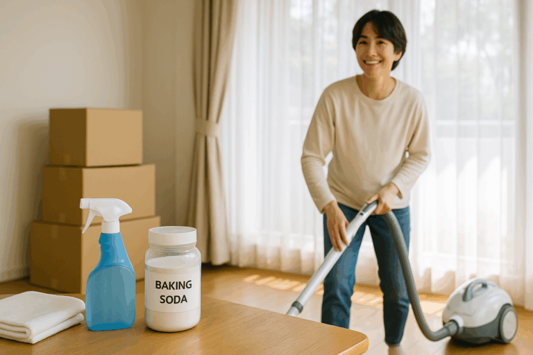 背景に段ボール、机の上に掃除グッズがある部屋。10人の女性がにこやかに掃除機をかけている様子