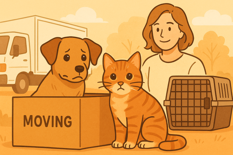 ペットと共に引越しをする準備をしている女性