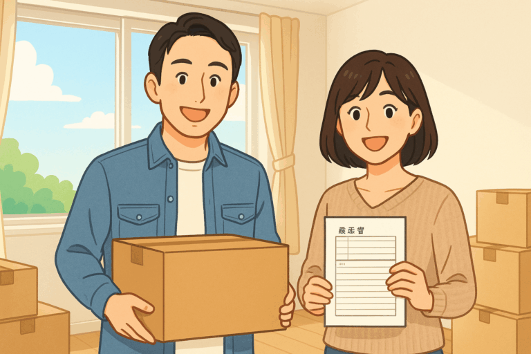 男女が並んでいて、男性がダンボール、女性が履歴書を手に持っている