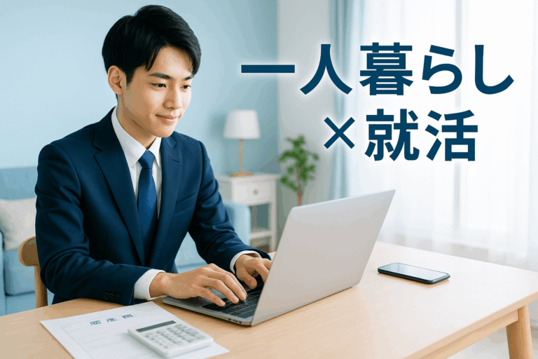 清潔感のある20代前半の日本人男性がスーツ姿でノートパソコンを開いて作業している様子。テーブルには就活関連の書類、電卓、スマートフォンが置かれており、背景にはシンプルで明るい一人暮らし用のワンルームマンションの室内が見える。窓から自然光が差し込み、希望に満ちた明るい雰囲気。画面には「一人暮らし×就活」の文字をモダンなフォントで配置。色調は爽やかなブルーとホワイトを基調とし、信頼感と清潔感がある。