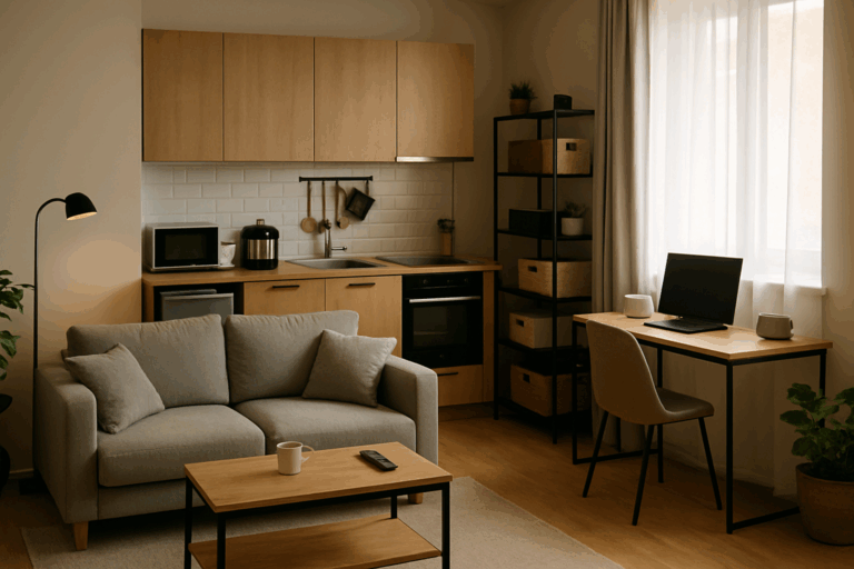 スマート家電や便利グッズが整った、おしゃれで快適な一人暮らしの部屋。コンパクトな家具や整理整頓された空間、心地よい光が差し込む、暮らしの質が高そうなワンルーム。