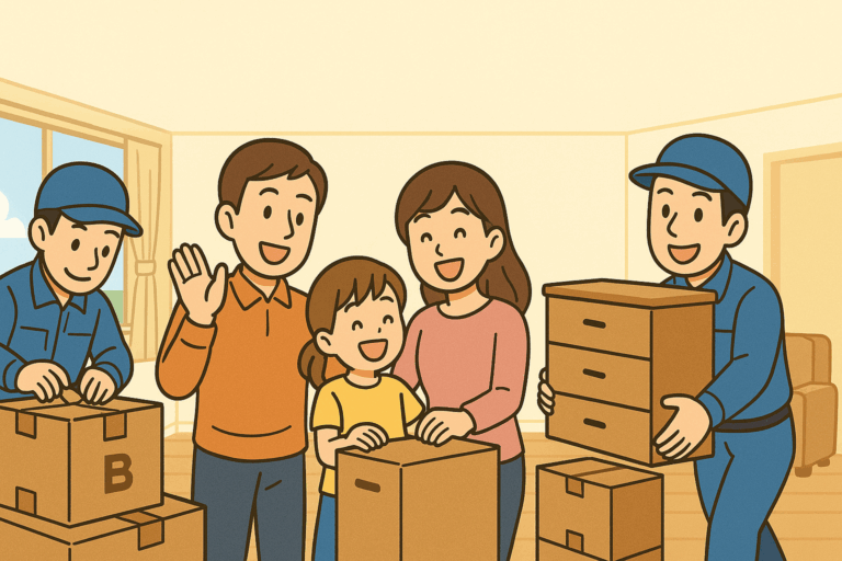 家のリビング中央で家族がニコニコしている。その横で引越し業者が荷物をテキパキまとめて引越し準備をしている様子