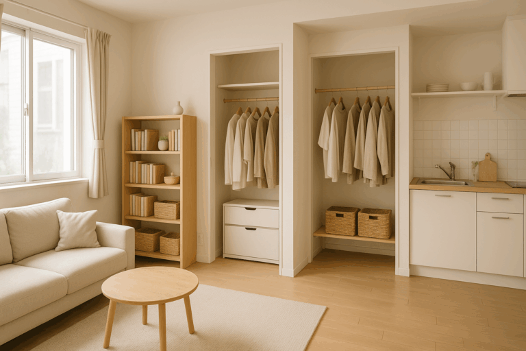 シンプルな印象のマンションの一室。クローゼットにはジャケットが掛かり、ナチュラルに統一されたソファーと机、および整理されたワンルーム用キッチンがある。