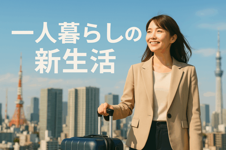 東京の高層マンション群を背景に、スーツケースを持った若い女性が新しい生活への期待を込めて微笑んでいる画像。東京タワーやスカイツリーが遠景に見え、都市生活の活気と安心感を表現。明るく希望に満ちた色調で、一人暮らしの新生活への前向きな気持ちが表れている。