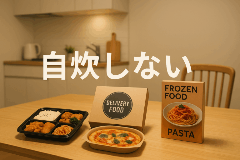 一人暮らしの部屋のキッチンテーブルに、コンビニ弁当、デリバリーフード、冷凍食品のパッケージが並んでいる様子。背景には使われていない綺麗なキッチンがぼんやりと見え、『自炊しない』というライフスタイルを表現。温かみのある照明で、ネガティブではなくポジティブな印象を与える構図。現代的でスタイリッシュな雰囲気。