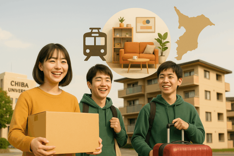 千葉大学のキャンパス風景を背景に、現代的なアパートメントとおしゃれな一人暮らしの部屋のイメージを組み合わせた明るい写真。前景には笑顔の大学生（男女）が荷物を持って新生活をスタートする様子を描き、千葉県の地図や電車のアイコンを配置。暖色系の色調で親しみやすく、希望に満ちた雰囲気を演出。