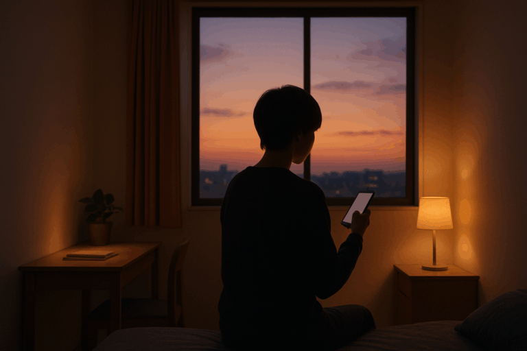 一人暮らしのアパートメントの部屋で、窓際に座って外を見つめる若い人（20代、性別不明、後ろ姿）のシルエット。夕暮れ時の温かい光が窓から差し込み、部屋は整理されているがシンプルで少し寂しい雰囲気。手にはスマートフォンを持っている。全体的に寂しさを表現しつつも、希望を感じられる温かみのある色調（オレンジ、黄色、薄紫）。ミニマルでモダンなインテリア。感情的だが美しい構図。