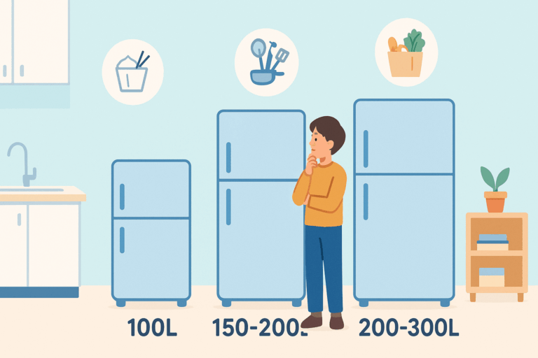 男性が、冷蔵庫を選んでいる。100Lクラス、150Lから200Lクラス、200Lから300Lクラスの冷蔵庫を前に、どれが良いか迷っている様子。