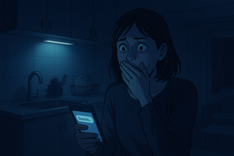 ワンルームのキッチンが背景にあり、薄明るい部屋に女性が一人いる。女性が何かを目撃して驚いている。手には検索画面が表示されたスマホを持っている。