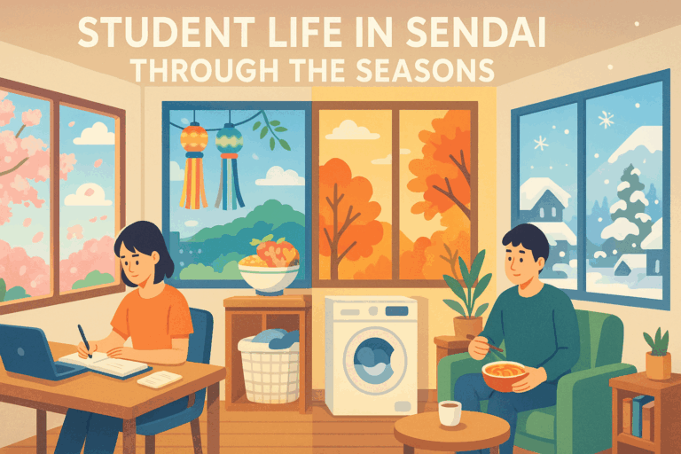 部屋にいる男女。洗濯機などの家電が設置されている。窓の外には四季の様子がイラストで描かれている。仙台に住んでいる学生の様子。