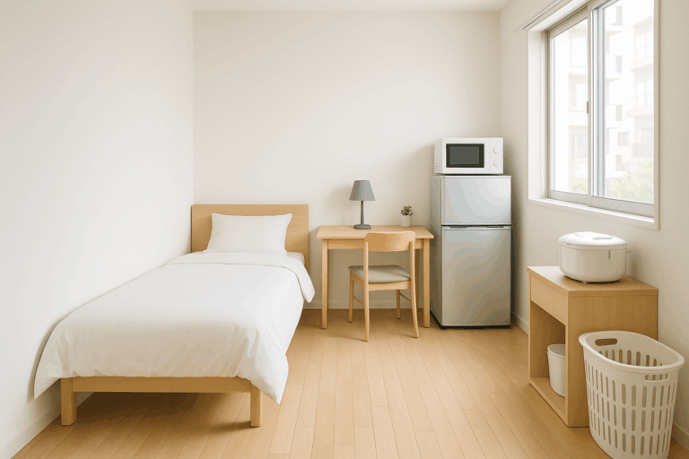 シンプルな印象の一人暮らしワンルーム。ベッド、冷蔵庫、勉強机、電子レンジなど、最低限の家具が整然と置かれている